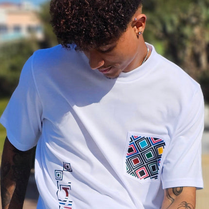 Designer Print Pocket T Short Sleeve - White