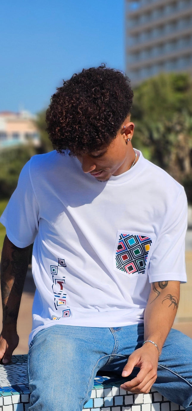 Designer Print Pocket T Short Sleeve - White