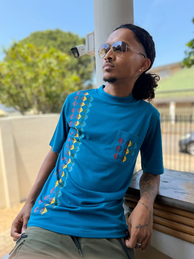 Designer Print Pocket T Short Sleeve - Petrol