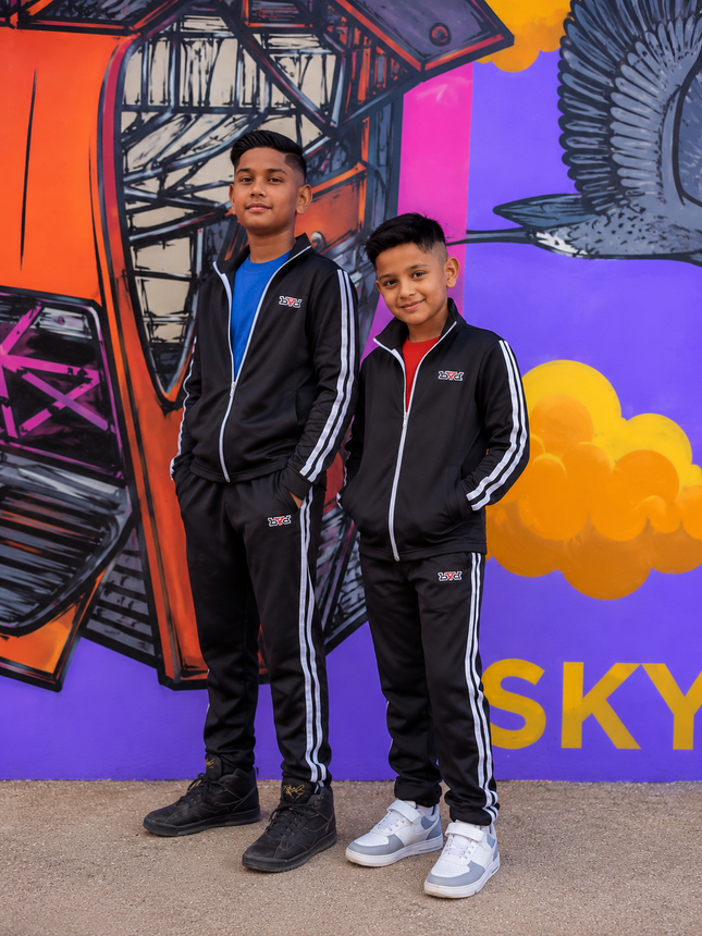 Kids Signature Double Stripe Tracksuit - Black/White