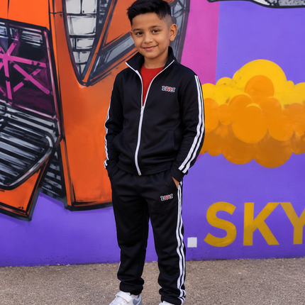 Kids Signature Double Stripe Tracksuit - Black/White