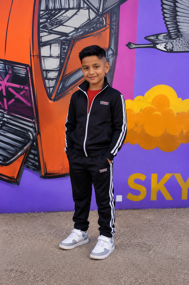 Kids Signature Double Stripe Tracksuit - Black/White